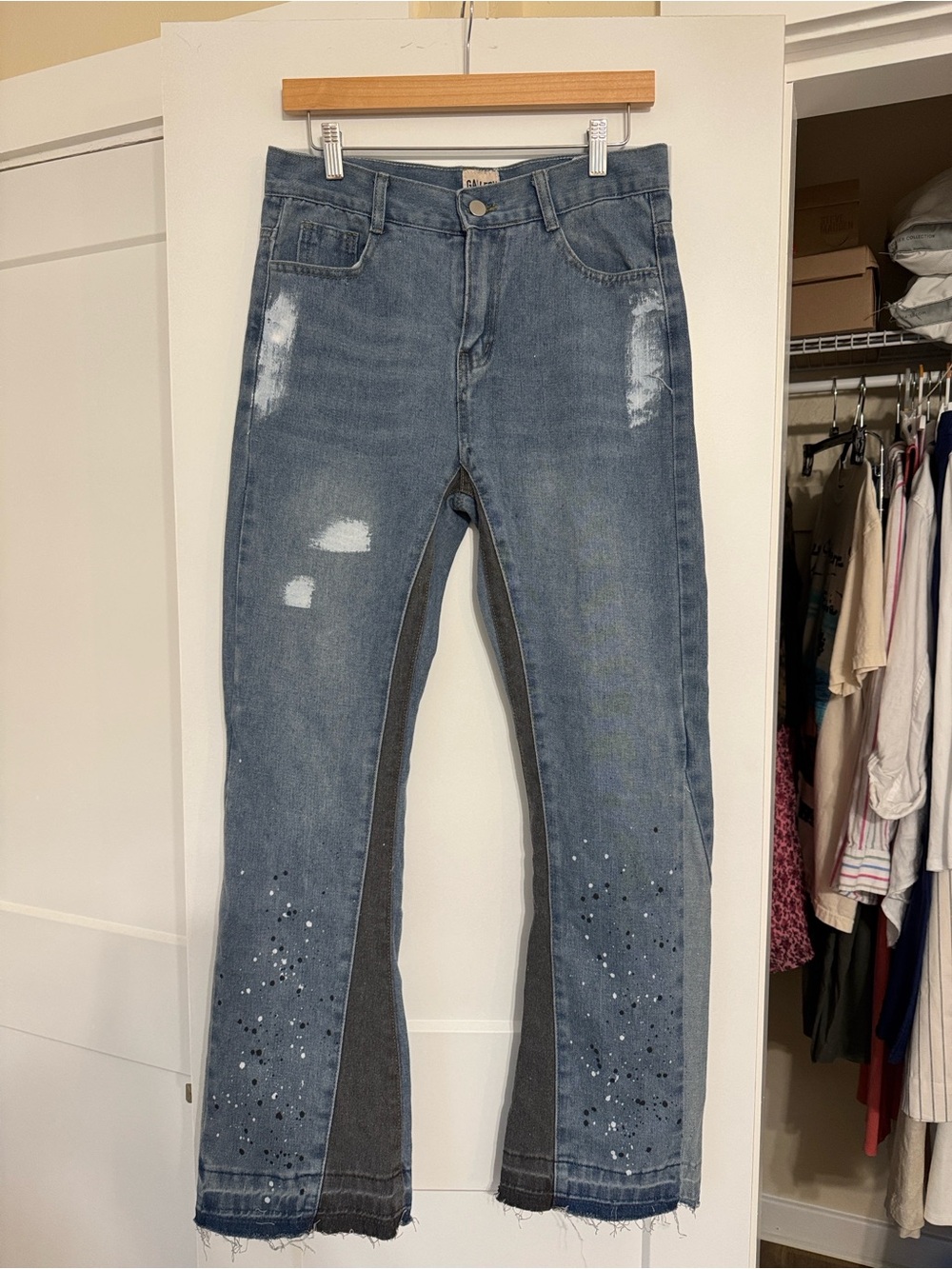 Gallery Dept Two-Tone Distressed Blue Flare Jeans with Embellished Hem‎ Art